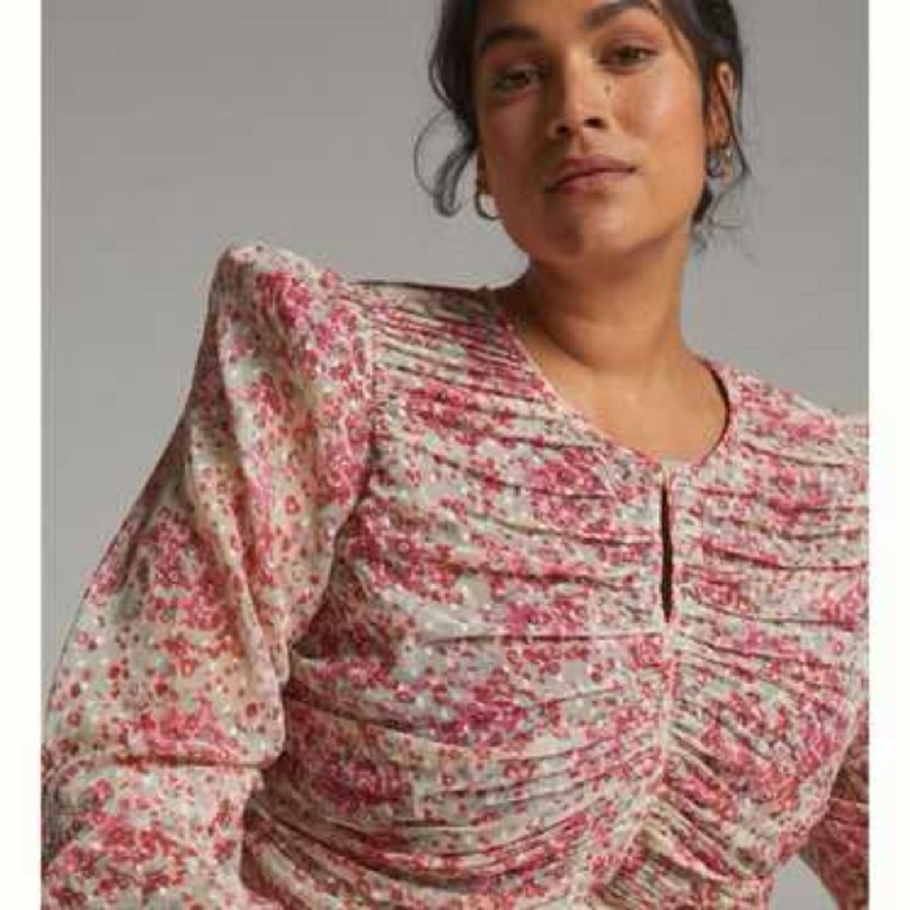 Anthropologie Let Me Be Ruched Floral Puff Sleeve Blouse Size 1X